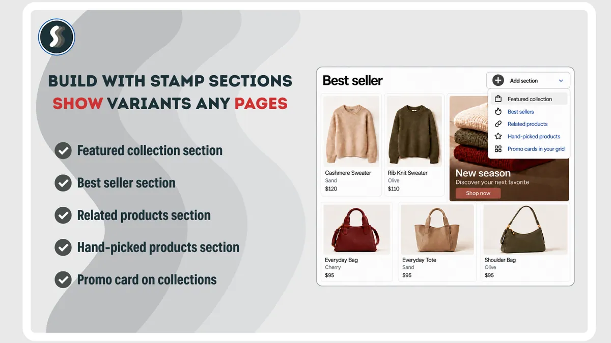 Stamp: show products and variants with four ready-made sections